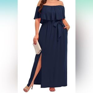 Pinup Fashion Women's Plus Size Off Shoulder Ruffle Formal Maxi Dress Blue New